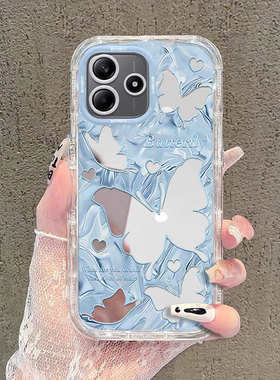 适用蓝色蝴蝶红米ntoe14pro+手机壳13Turbo镜面12R泡芙11T新款9高级感8时尚redmi女款女全包防摔保护套轻奢外