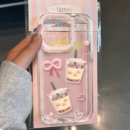 适用爱心奶茶苹果16E手机壳iPhone15promax透明14plus太空13mini可爱12卡通11新款8防摔7保护套xsmax男6s女xr