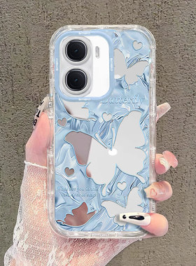 适用蓝色蝴蝶IQOONEO10手机壳9PRO镜面8泡芙7se新款6高级感5时尚3女855竞速版少女心全包防摔保护套轻奢风外