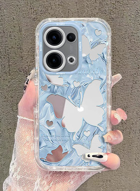 适用蓝色蝴蝶OPPOReno13手机壳12镜面11泡芙10pro+新款9高级感8时尚7se保护套5少女心4全包3防摔6轻奢风外壳