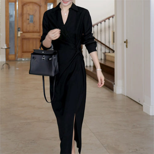 连衣裙宽松大码bf风衬衫开叉长裙