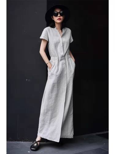 宽松大码亚麻连衣裙棉麻衬衫长裙