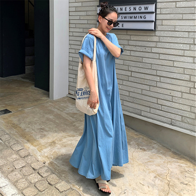 宽松大码连衣裙过膝长款T恤裙子气质学院风显瘦短袖圆领娃娃裙潮