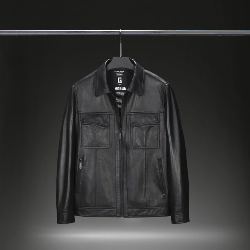 海宁春新款真皮修身男士鹿皮休闲时尚皮衣翻领短款皮夹克帅气外套