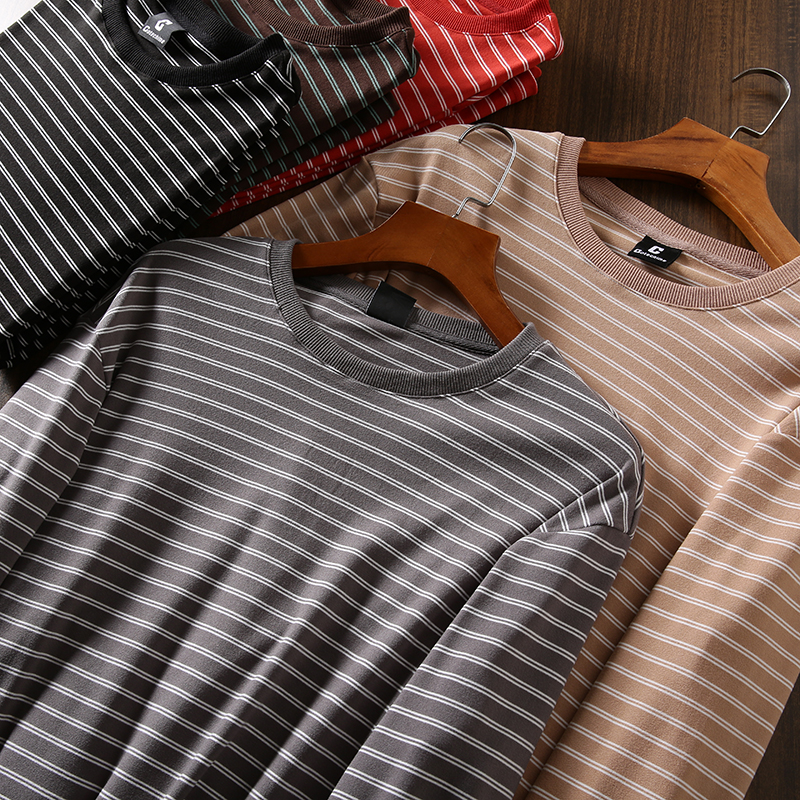 双面德绒！亲肤弹力！秋冬百搭条纹圆领休闲宽松长袖打底衫T恤男