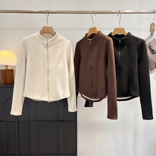LU系~立裁双面绒！秋冬女款保暖舒适立领双拉链小蛮腰短外套夹克