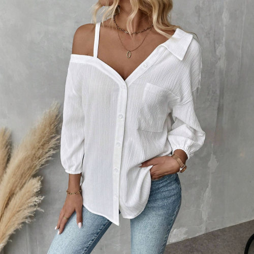 Women off shoulder cardigan single breasted casual shirt T恤