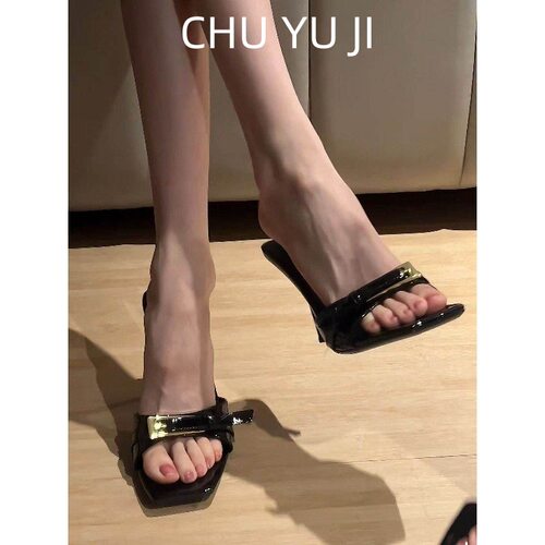 black patent leather flat belt buckle high-heeled sandals