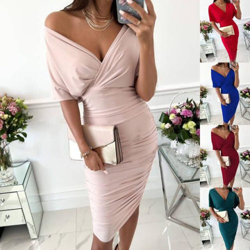 2022 Short Sleeve Off Shoulder Sexy Wrap Hip Slim Dress