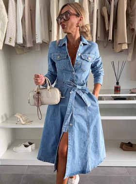 Women's new long sleeved shirt dress denim washed jacket