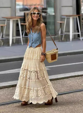 New Women's Lace Lace Hollow Knitted Half Skirt 针织半身裙