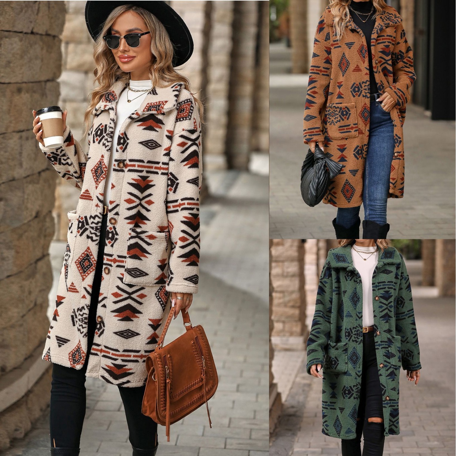 2025 ethnic style printed plush long coat jacket