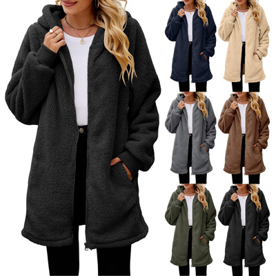 2024 loose plush women's hooded zipper cardigan jacket