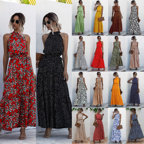 2023 Wave Dot Print Neck Strap Dress 绑带连衣裙