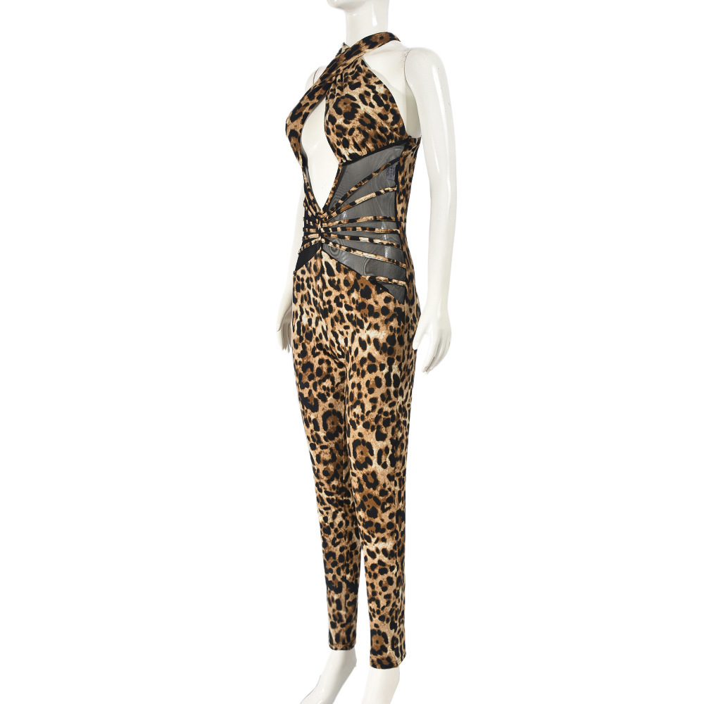 2025 mesh patchwork leopard print backless sexy jumpsuit