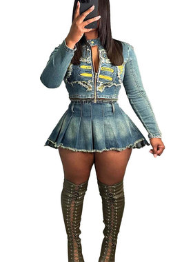 2025 elastic fabric embroidered top pleated skirt set