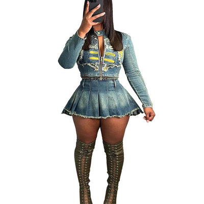 2025 elastic fabric embroidered top pleated skirt set