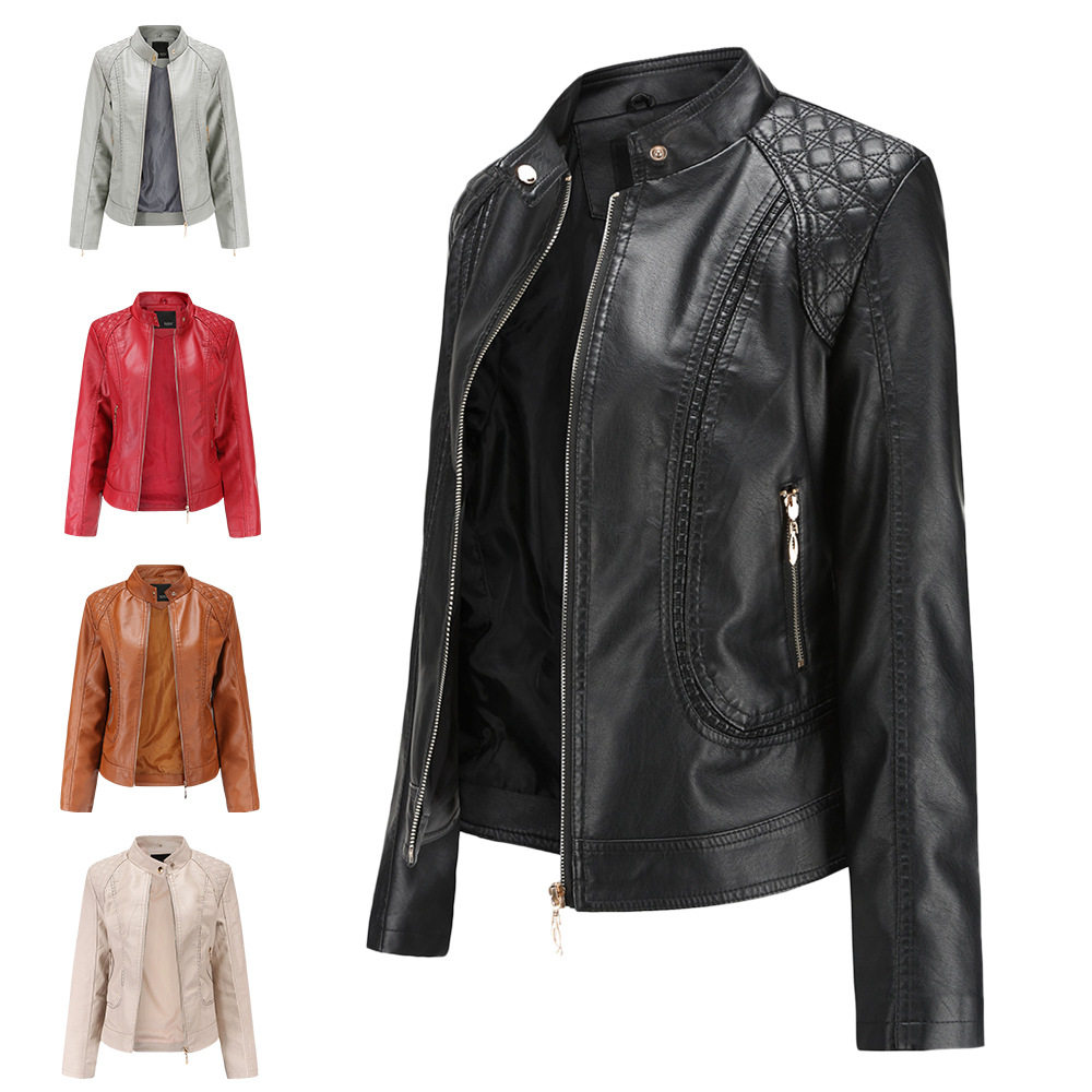 2025 leather temperament plus size stand up collar jacket