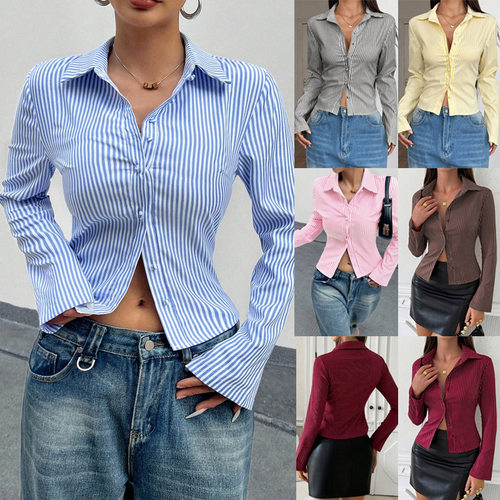 Fashion casual V-neck striped long sleeved shirt top衬衫上衣