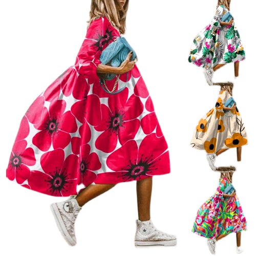 2023 Round Neck Loose Waist Printed Long Sleeve Dress