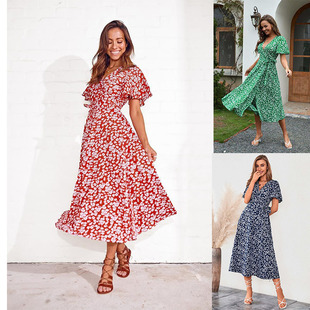 neck High Waist 2025 length Medium Dress Printed