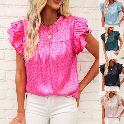 Fashionable Printed Lotus Leaf Sleeve Wave Neck Top 女士上衣
