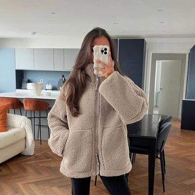 Women's solid color lazy style high neck woolen coat 女外套