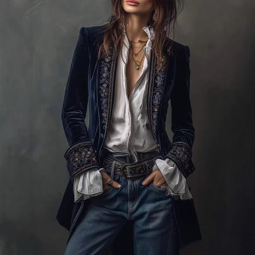 Long sleeved solid color patchwork lace gold velvet jacket