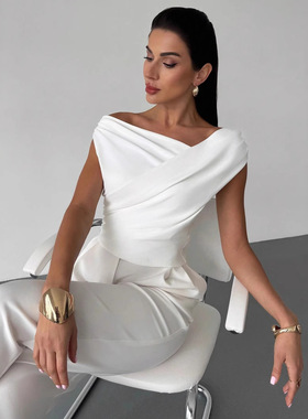 T-shirt women's slanted shoulder sleeveless short top T恤