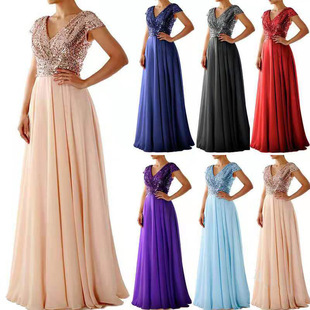 chiffon spliced evening 2025V long glitter gown skirt collar