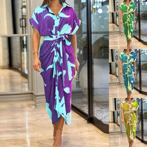 2023 Fashion Printed Short Sleeve High Waist Shirt Dress