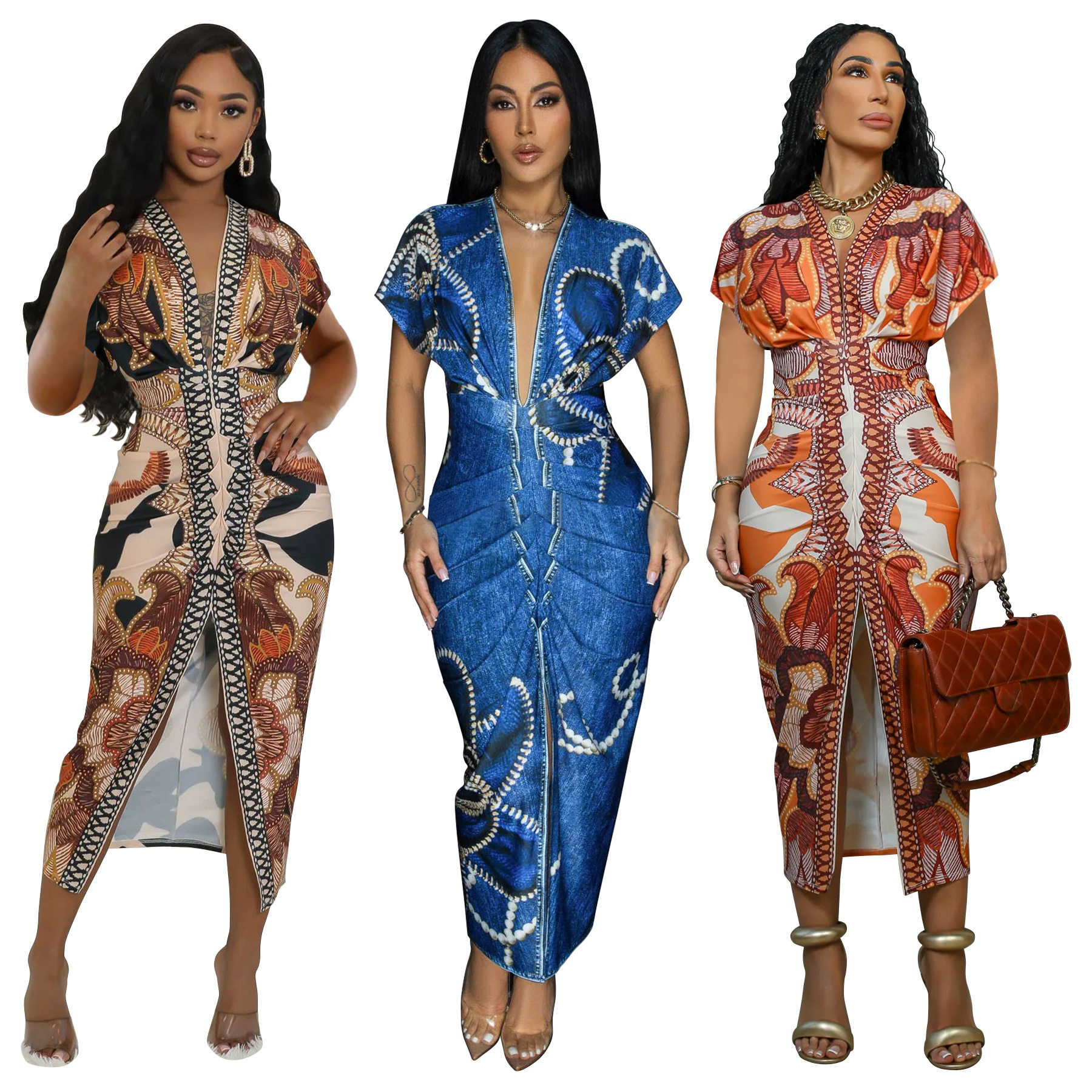 2025 Fashion Women's Short sleeved Slim fit Printed Dress