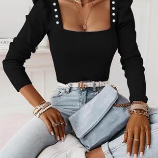 Beaded Long Sleeve 2025 Strip Color Pit Top Solid