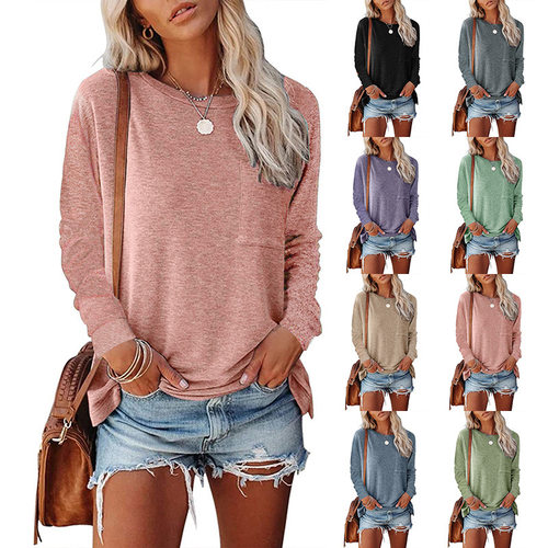 2025 pocket slit long sleeved casual loose top T-shirt