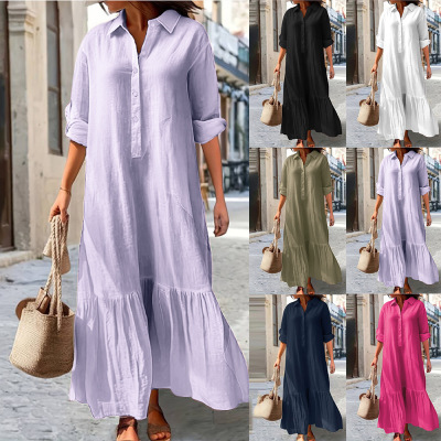 Loose shirt dress casual fashion button up long skirt dress
