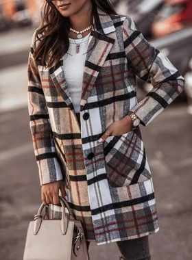 2025 woolen long lapel single breasted checkered jacket