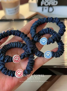 韩国进口nyu笑脸牛仔蓝色小肠圈马尾皮筋丸子头发绳百搭发圈发饰