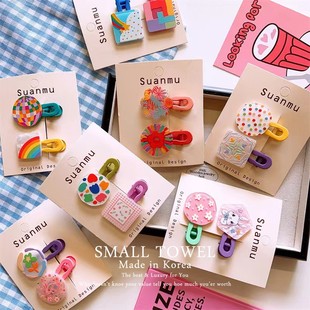 韩国东大门进口儿童彩色磨砂圆形方块彩虹花朵鸭嘴夹侧边夹发卡子