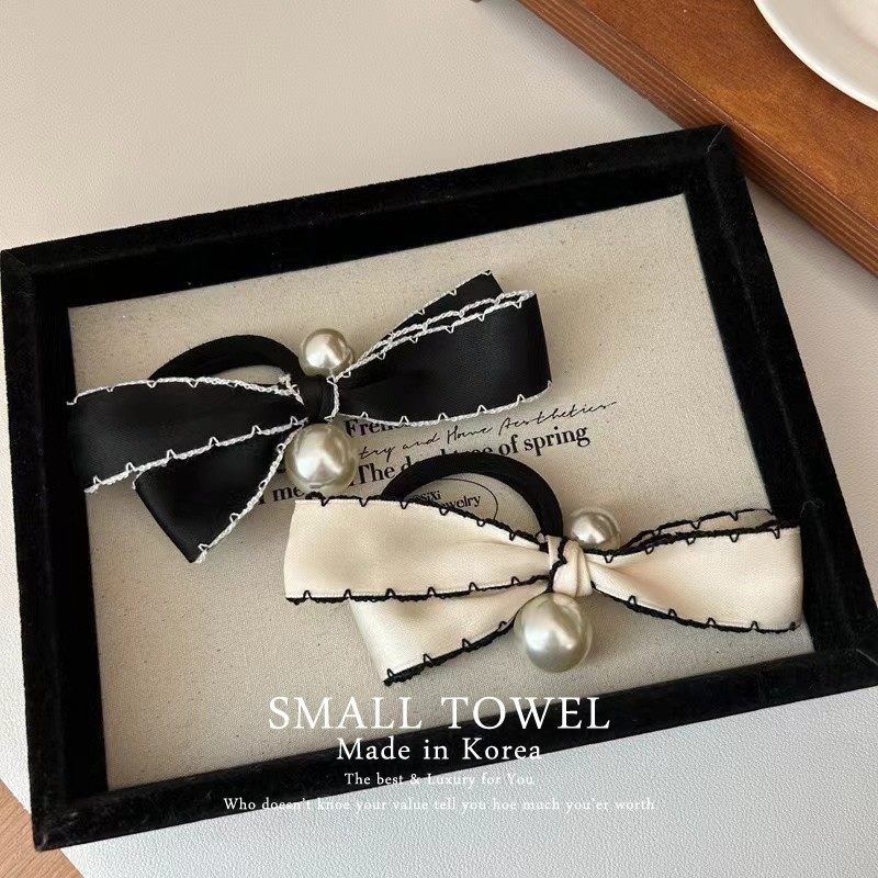 韩国nyu高级法式小香风黑白色珍珠蝴蝶结发圈发绳皮筋丸子头发饰