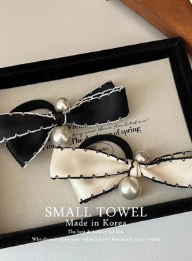 韩国nyu高级法式小香风黑白色珍珠蝴蝶结发圈发绳皮筋丸子头发饰