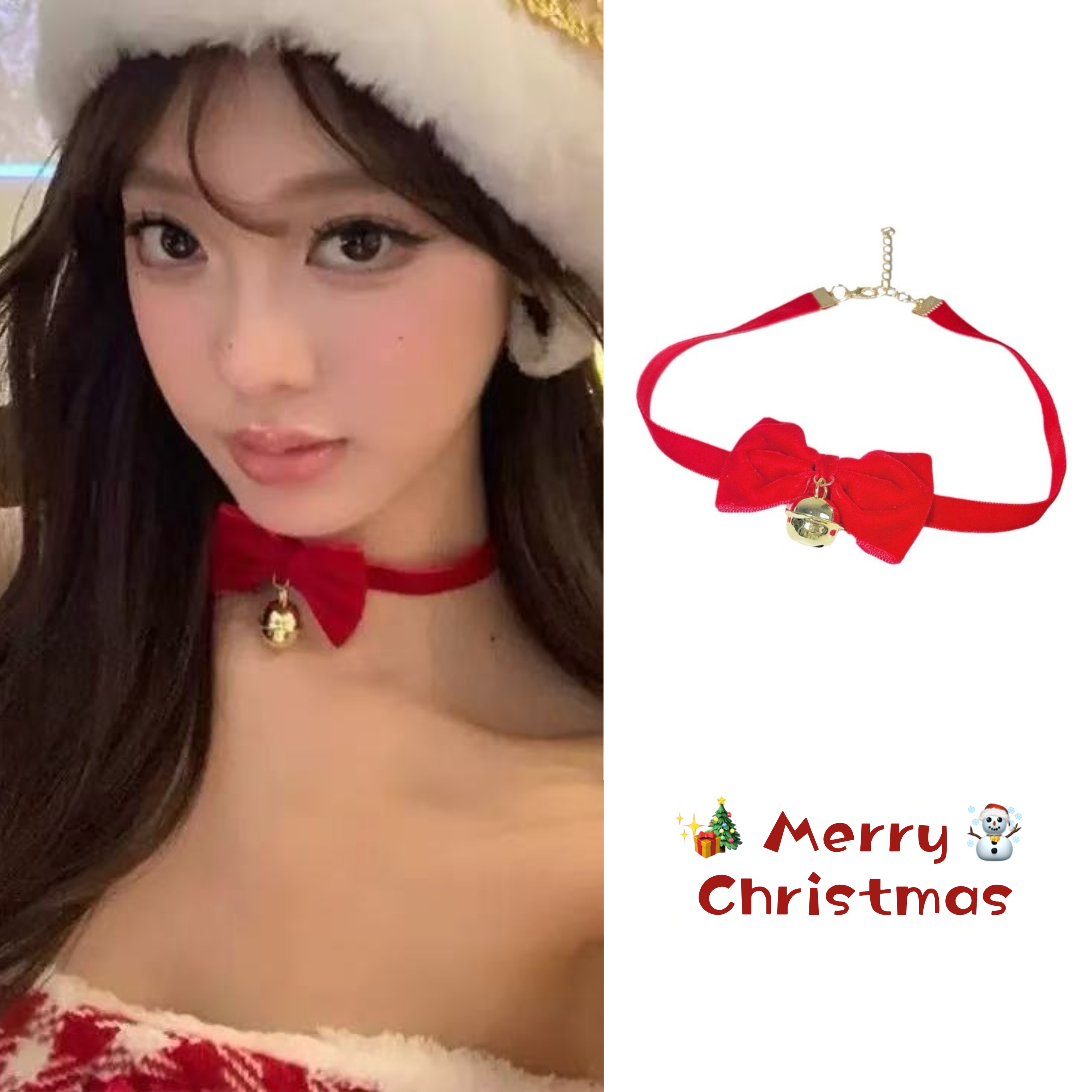 圣诞节甜美可爱红色丝绒蝴蝶结铃铛项链约会配饰项圈