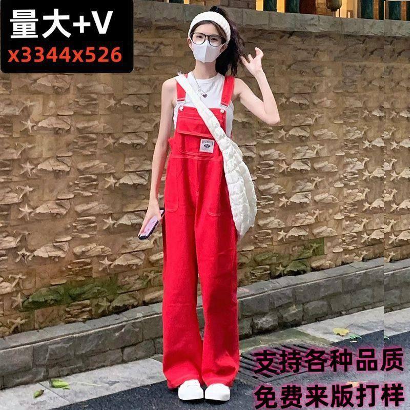 工厂直销跨境贸易女装红色牛仔背带裤女一件广州新塘货源