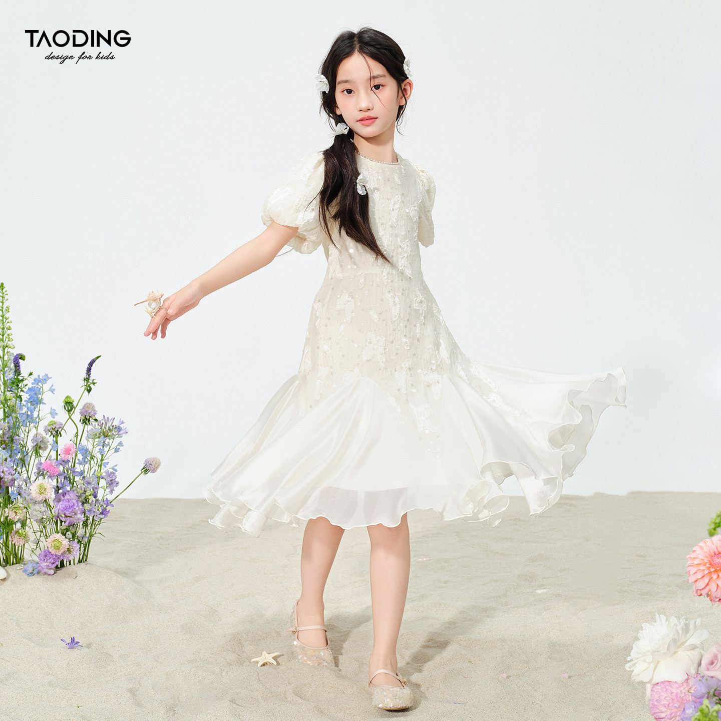 淘町女童裙子洋气白色礼服连衣裙夏季新款大童千金公主裙A字裙女