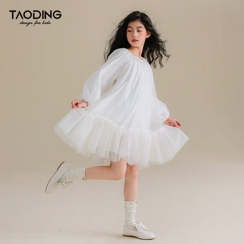 淘町女童连衣裙春秋款2025新款中大童纯色泡泡袖纱裙仙女裙公主裙