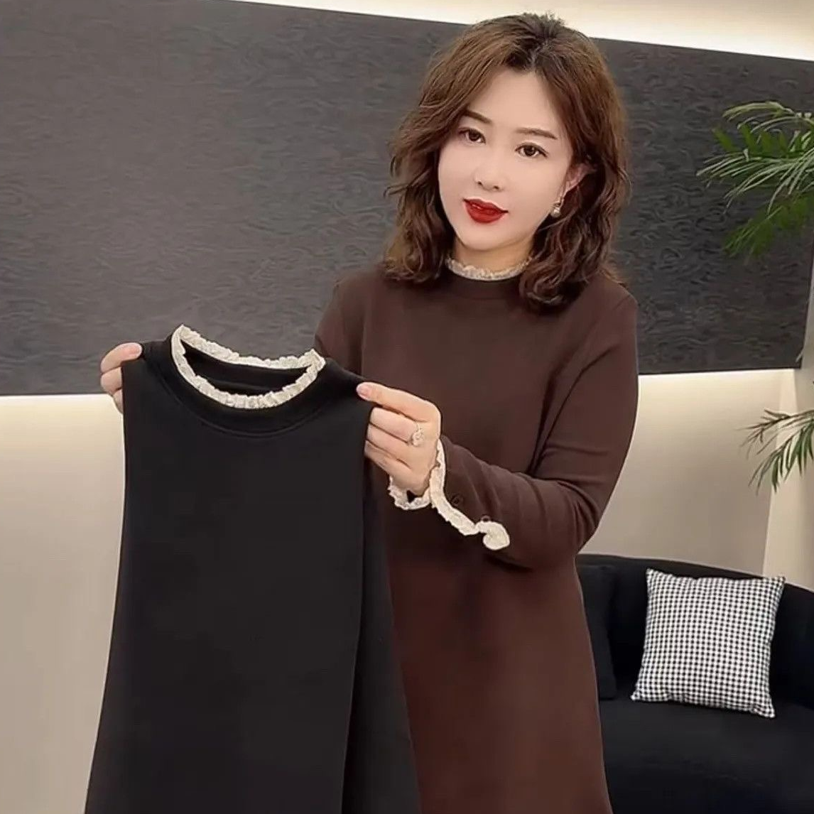 木耳边蕾丝拼接长袖T恤女新款中长款高级感遮肉百搭显瘦减龄上衣,女装/女士精品,T恤,淘宝优惠券,粉丝福利购,淘宝优惠卷