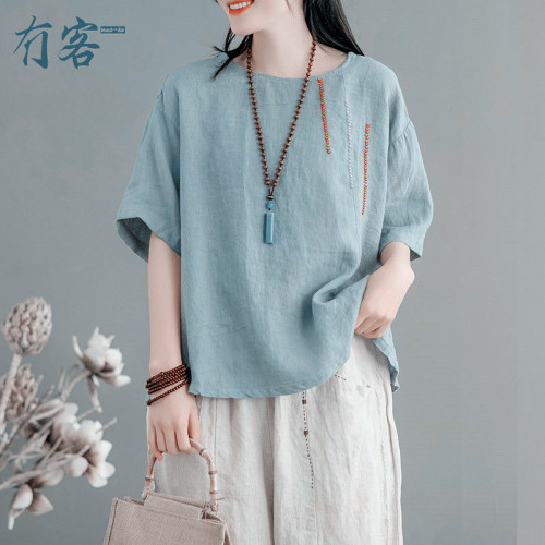 高端洋气大码遮肚子妈妈苎麻T恤