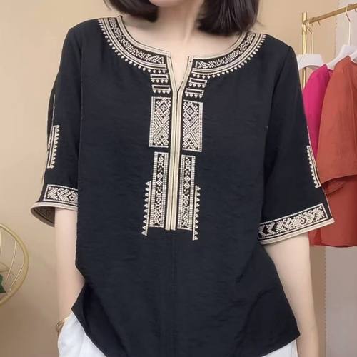 大码高端棉麻遮肚短袖T恤衫女夏