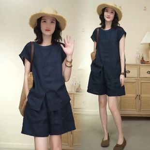 时尚亚麻套装女2025夏季新款洋气宽松显瘦短袖上衣阔腿短裤两件套