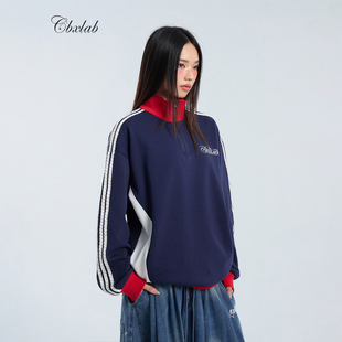 CBXLAB街舞潮牌撞色复古立领宽松嘻哈卫衣波点织带慵懒爵士长袖潮