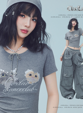 CBXLAB街舞潮牌辣妹爱心猫咪温柔爵士修身短袖烫钻kpop活力上衣女